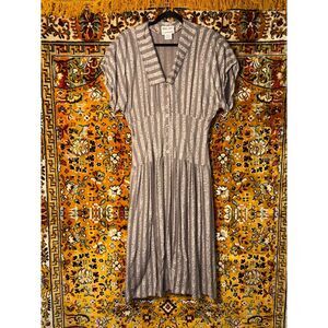 90s VTG Maggy London Flutter Sleeve Button Front Striped Midi Dress size 12